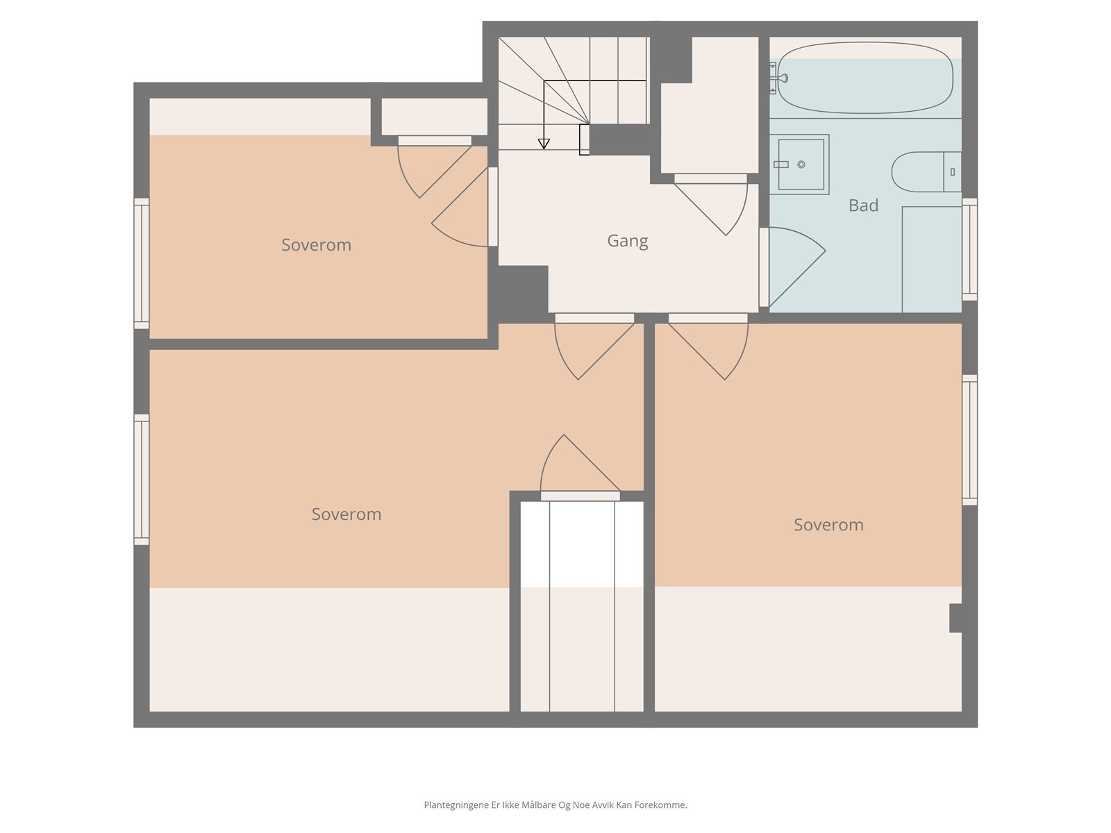 Videre kommer vi til loftsetasjen som har gang, 3 soverom og bad. Galleribilde