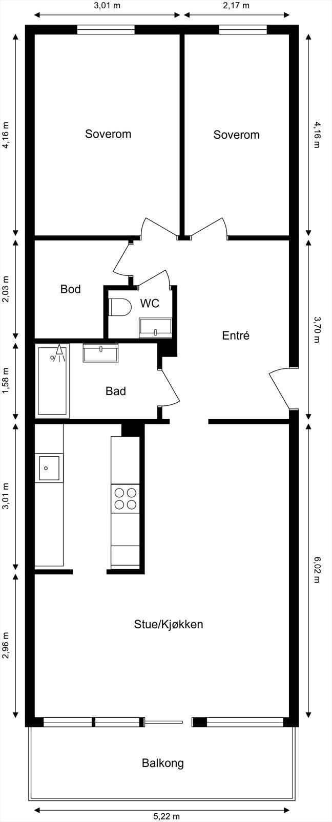 Leiligheten har en god planløsning på 74 m² med to soverom og åpen stue-kjøkkenløsning. Galleribilde