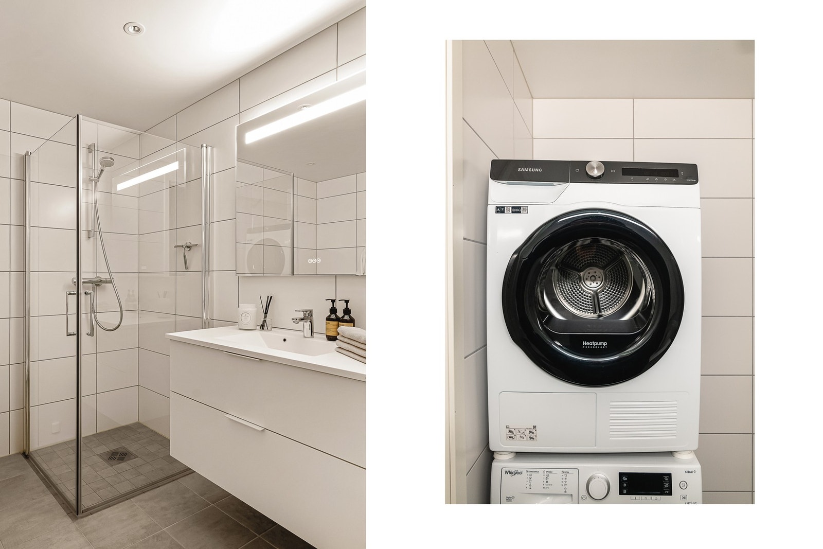 Badet inneholder innredning med dusjhjørne, vask, toalett og opplegg for vaskemaskin Galleribilde