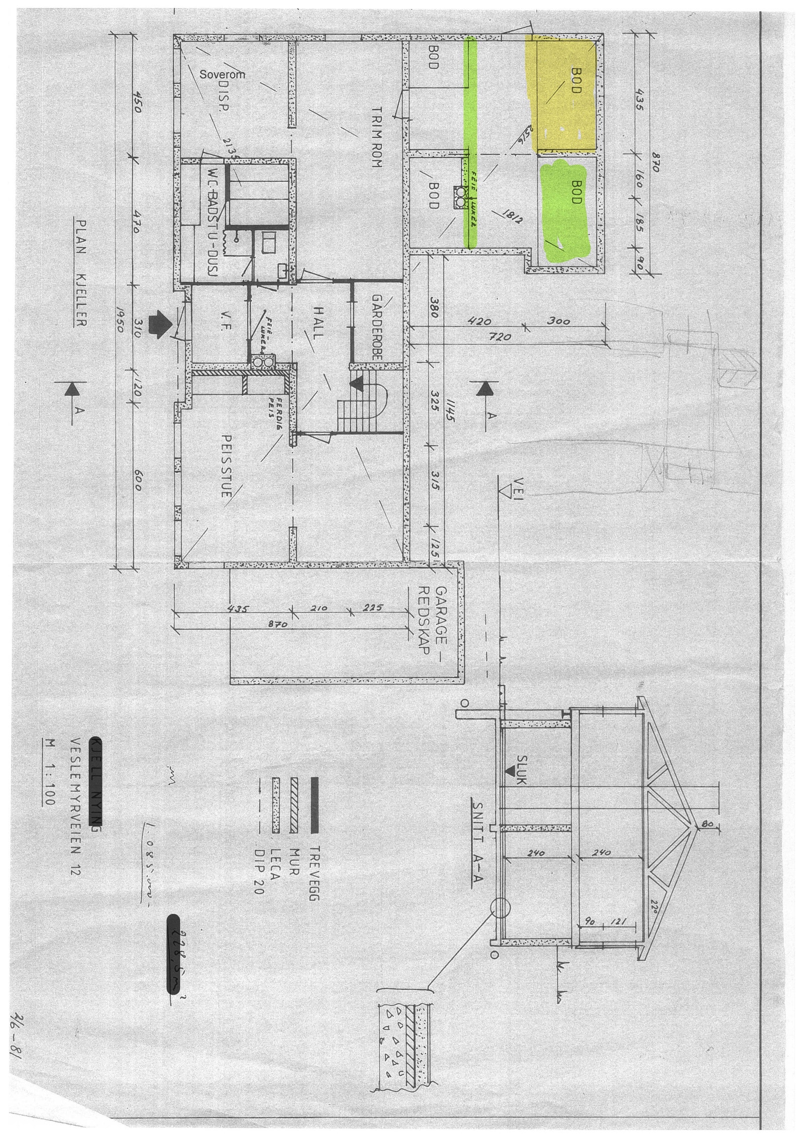 Plantegning første etasje, separat bod til hybel (gul) og eier (grønn) Galleribilde