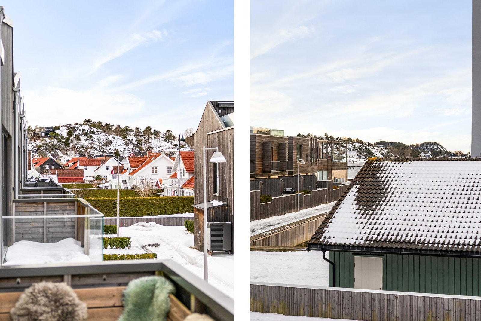 Diverse utsyn fra balkongen. Man kan glimte sjøen ved Hølen Brygge. Galleribilde