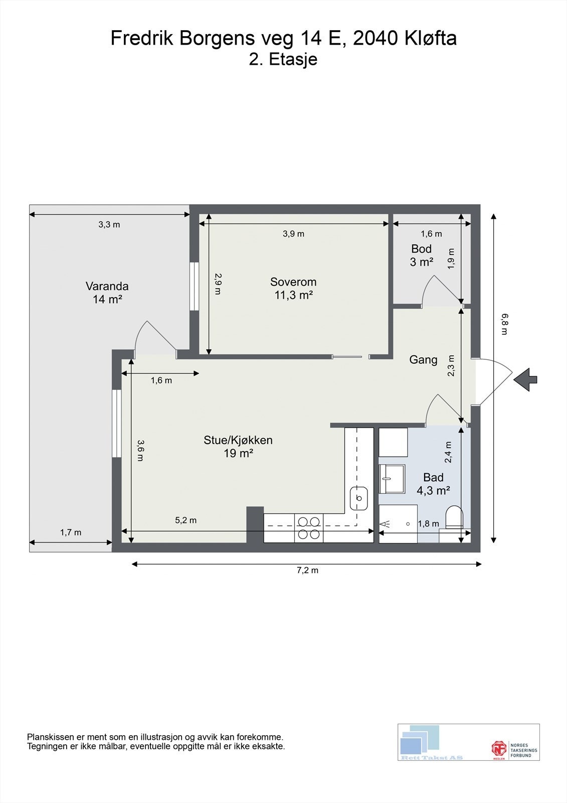 Leiligheten har en arealeffektiv planløsning på 44 m² med adskilt soverom og en åpen stue- og kjøkkensone. Galleribilde