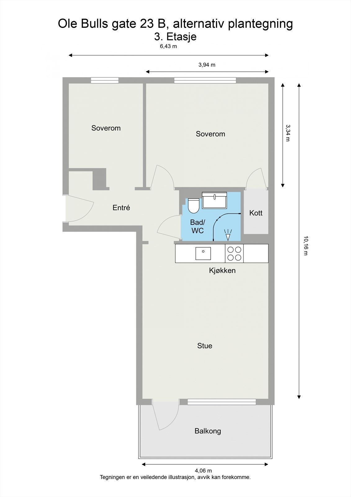 Alternativ plantegning med 2 soverom og kjøkken flyttet inn i stuen. Galleribilde