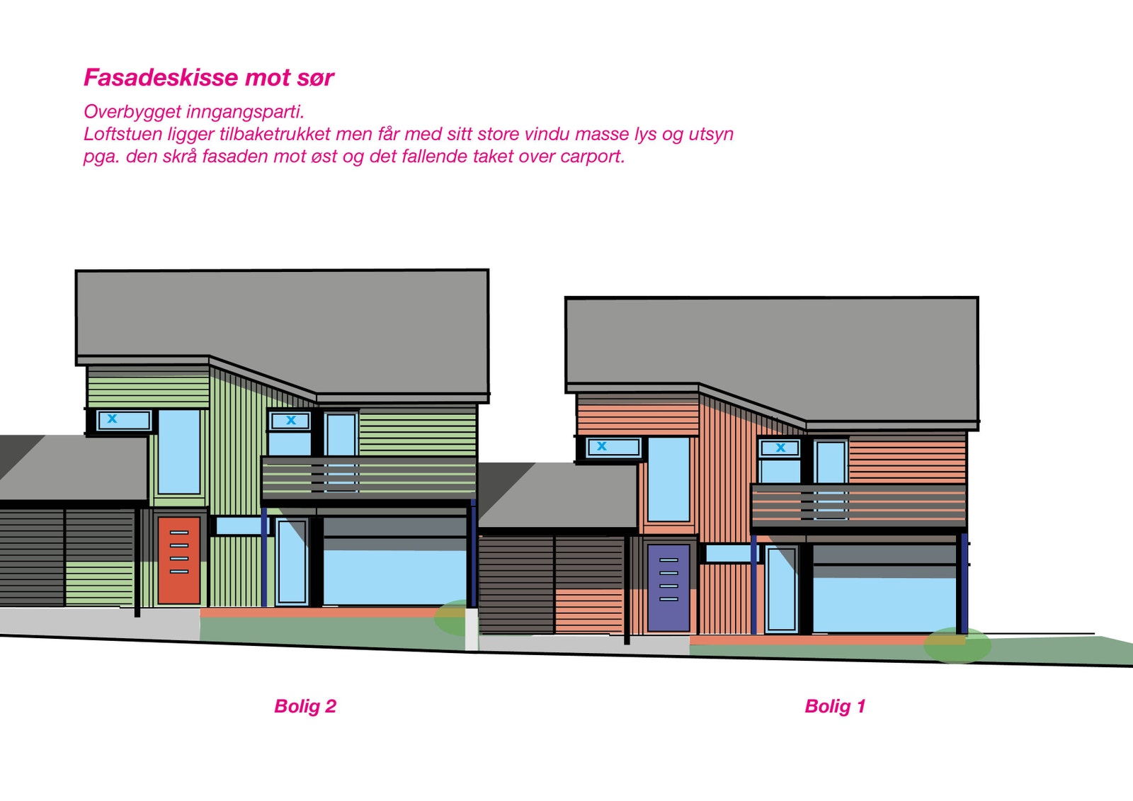 Fasade mot sør med innkjørsel og hage/terrasse. Solvendt hele dagen Galleribilde