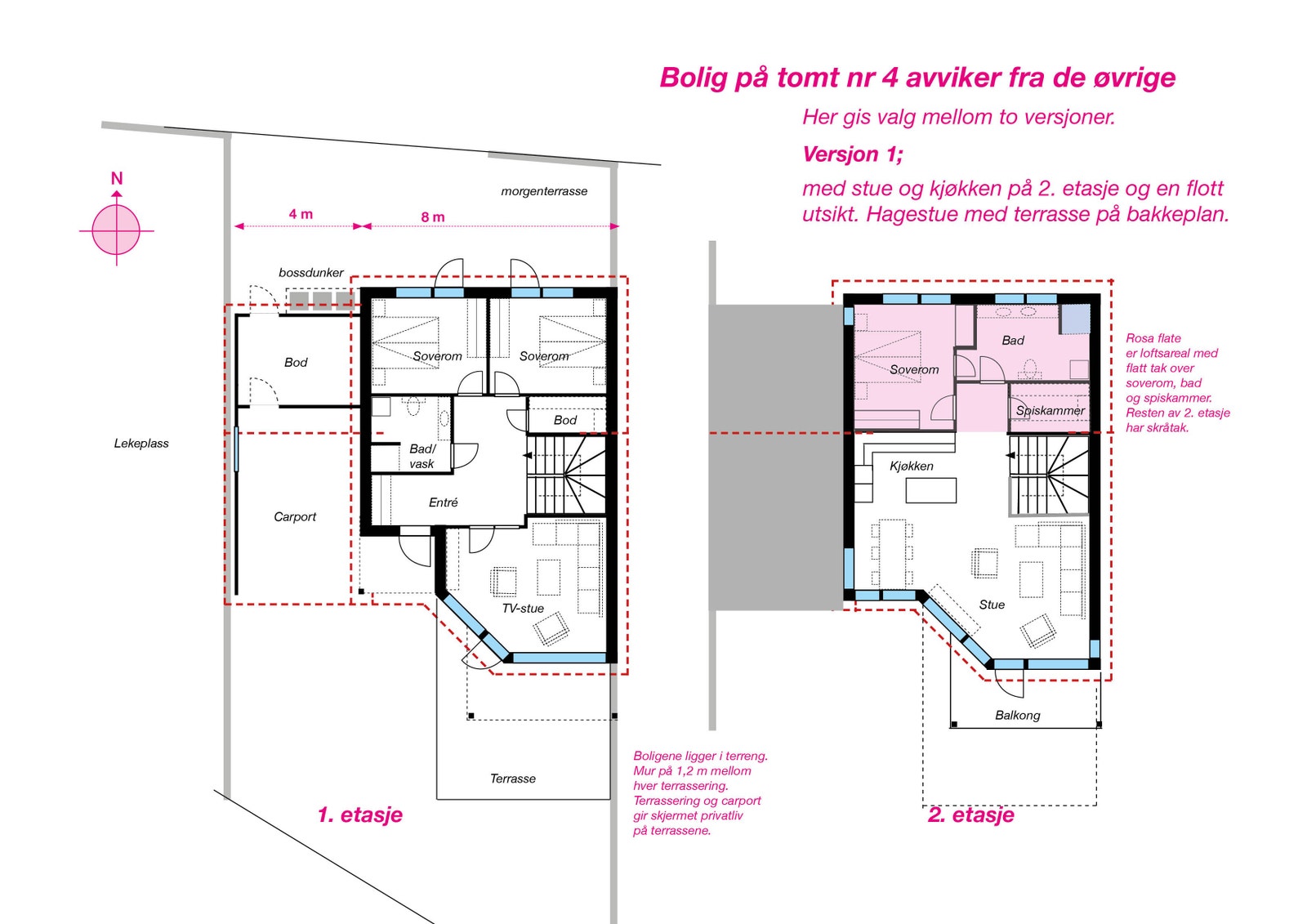 Tomtene er terrassert med 1,2 m mellom hver. Endeboligen øverst mot vest er ulik de øvrige da vegen gjør at carporten må trekkes inn til siden av boligen. Vi viser 2 versjoner. Denne med stue og kjøkken på 2. etasje har en stor utsikt. Galleribilde