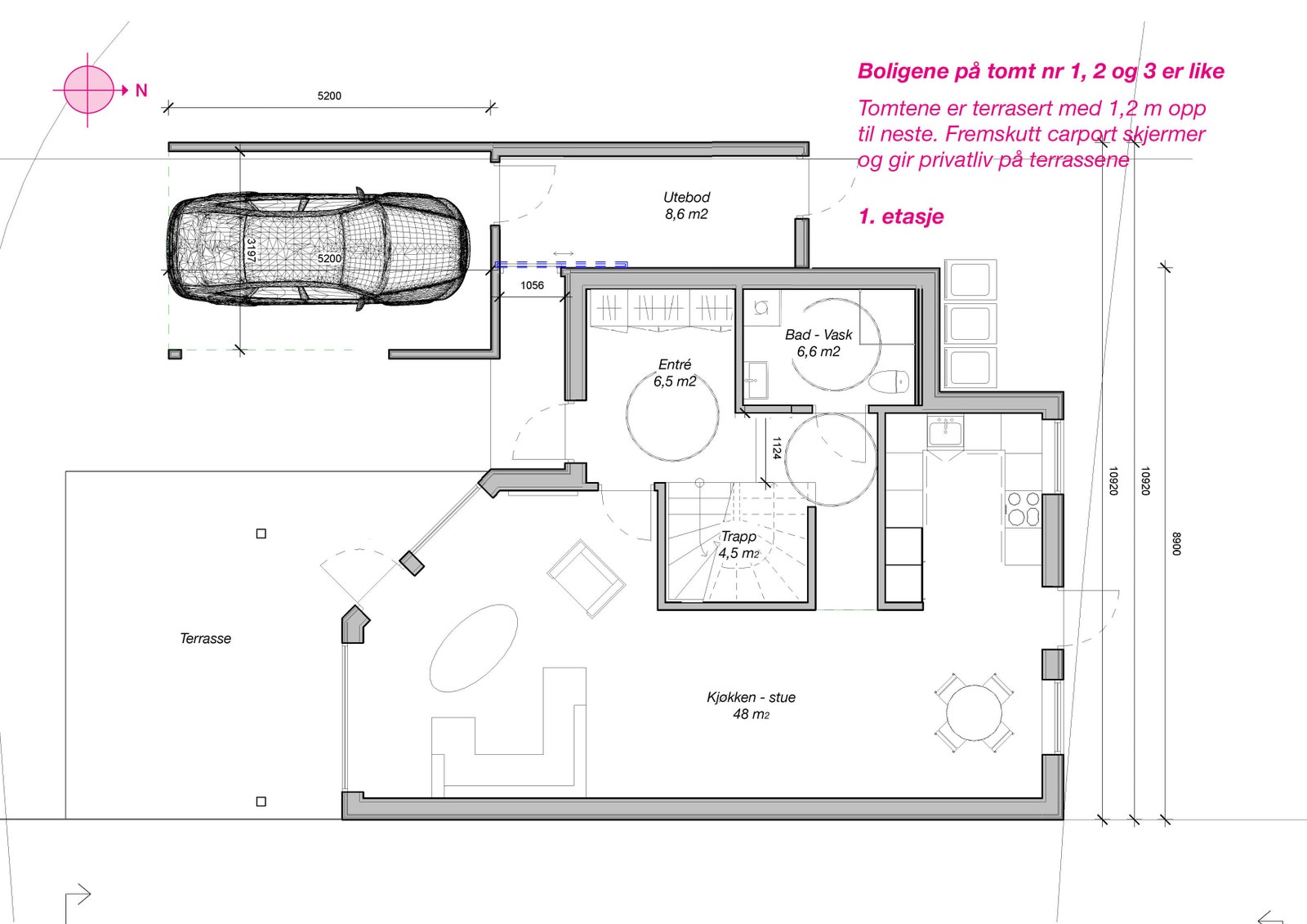 Dette er virkelig store og funksjonelle familieboliger. Har du behov for et fjerde soverom så kan denne versjonen endres med et ekstra på bakkenivå. Kjøkken kan flyttes frem og gi plass til et ekstra soverom. Galleribilde