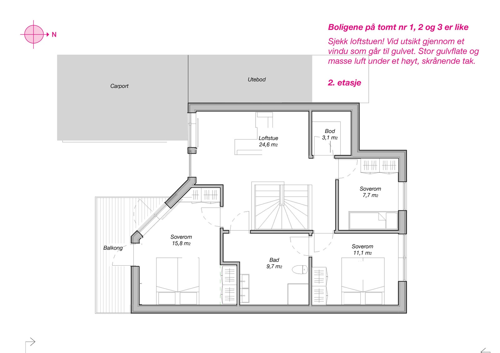 Tomtene er terrassert med 1,2 m mellom hver. Endeboligen øverst mot vest er ulik de øvrige da vegen gjør at carporten må trekkes inn til siden av boligen. Vi viser 2 versjoner. Denne med stue og kjøkken på 2. etasje har en stor utsikt. Galleribilde