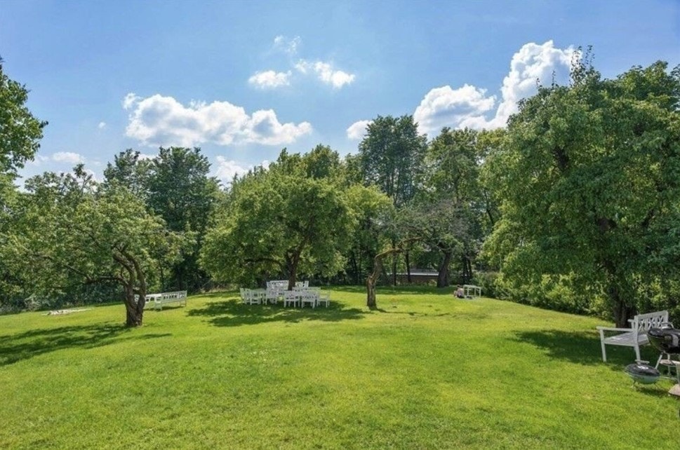 Stor, inngjerdet felleshage for beboere, utstyrt med grillfasiliteter, frukttrær og stort grøntareal Galleribilde