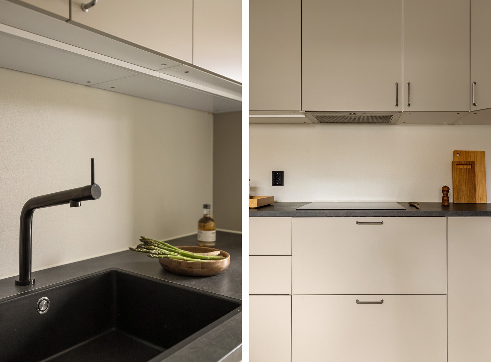 Det er utstyrt med følgende integrerte hvitevarer: Platetopp, stekeovn, oppvaskmaskin og kjøleskap med frysedel. Galleribilde