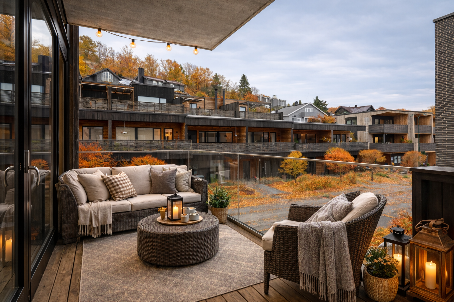 Illustrasjonsfoto - 3d stylet foto som viser mulig unyttelse av balkongen. Balkongen har en god plassering på enden/hjørnet av bygget Galleribilde