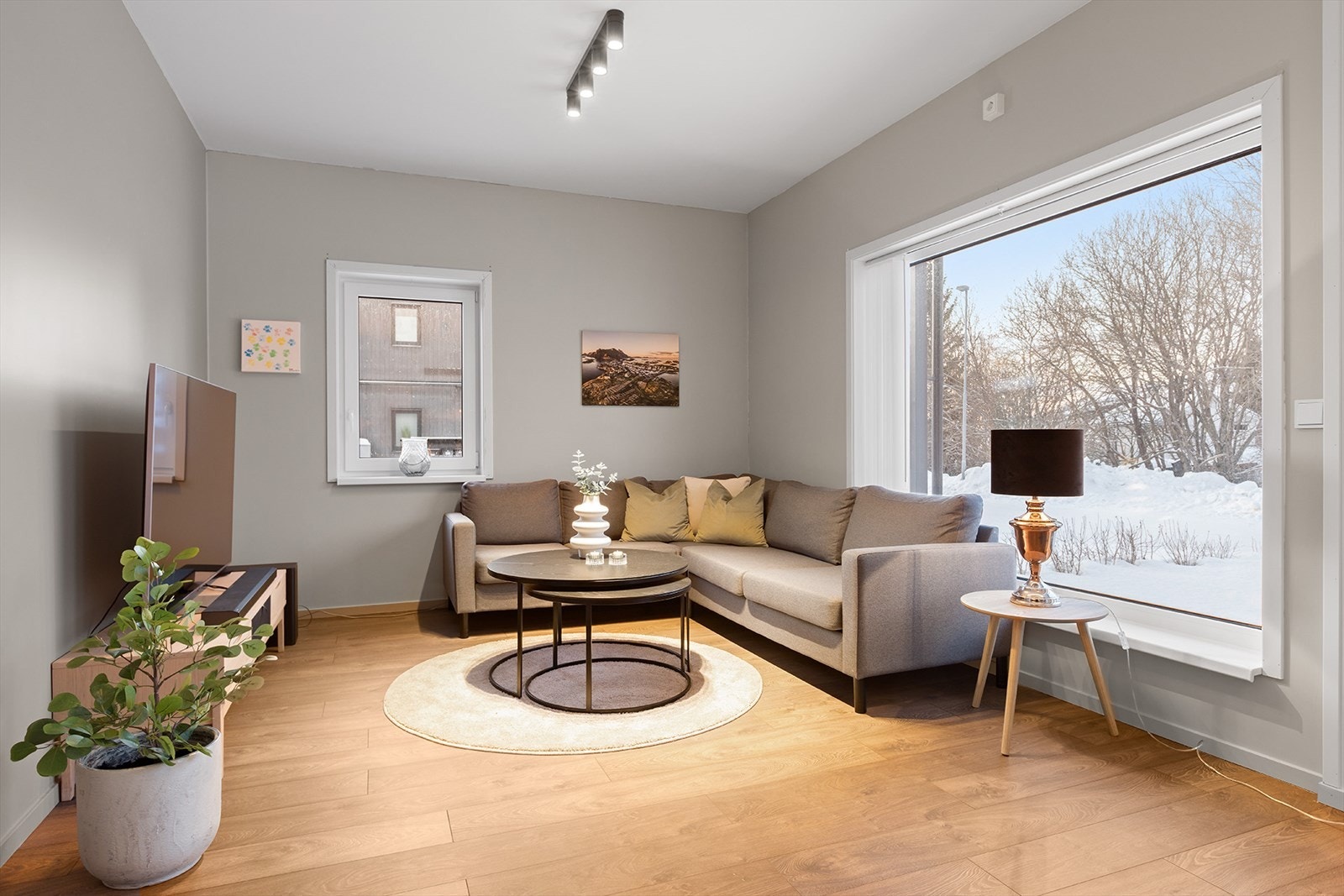 Romslig stue med store vindusflater Galleribilde