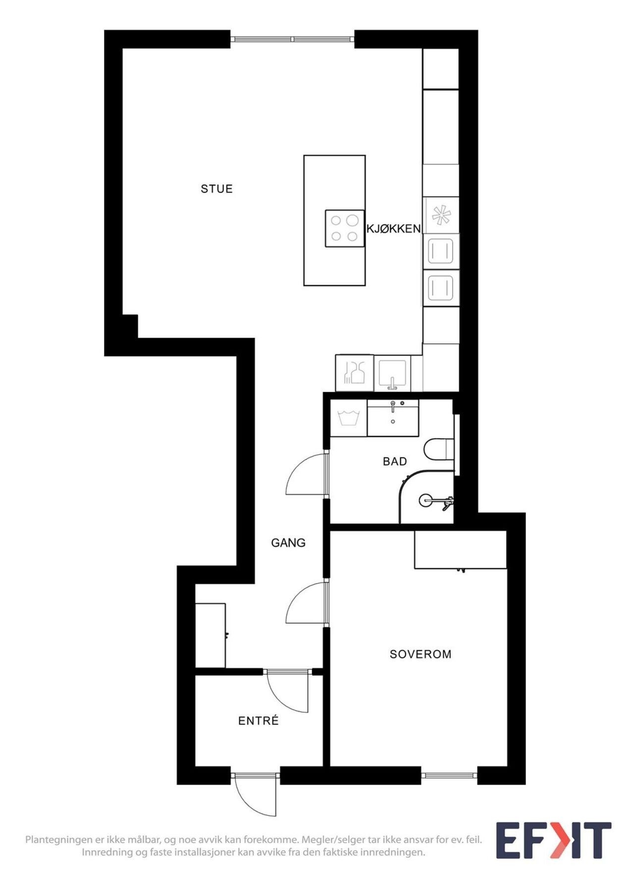 Planløsningen er praktisk utformet med bad mellom stue og soverom, og en åpen stue-/kjøkkenløsning som bidrar til å gi et luftig og romslig inntrykk. Galleribilde
