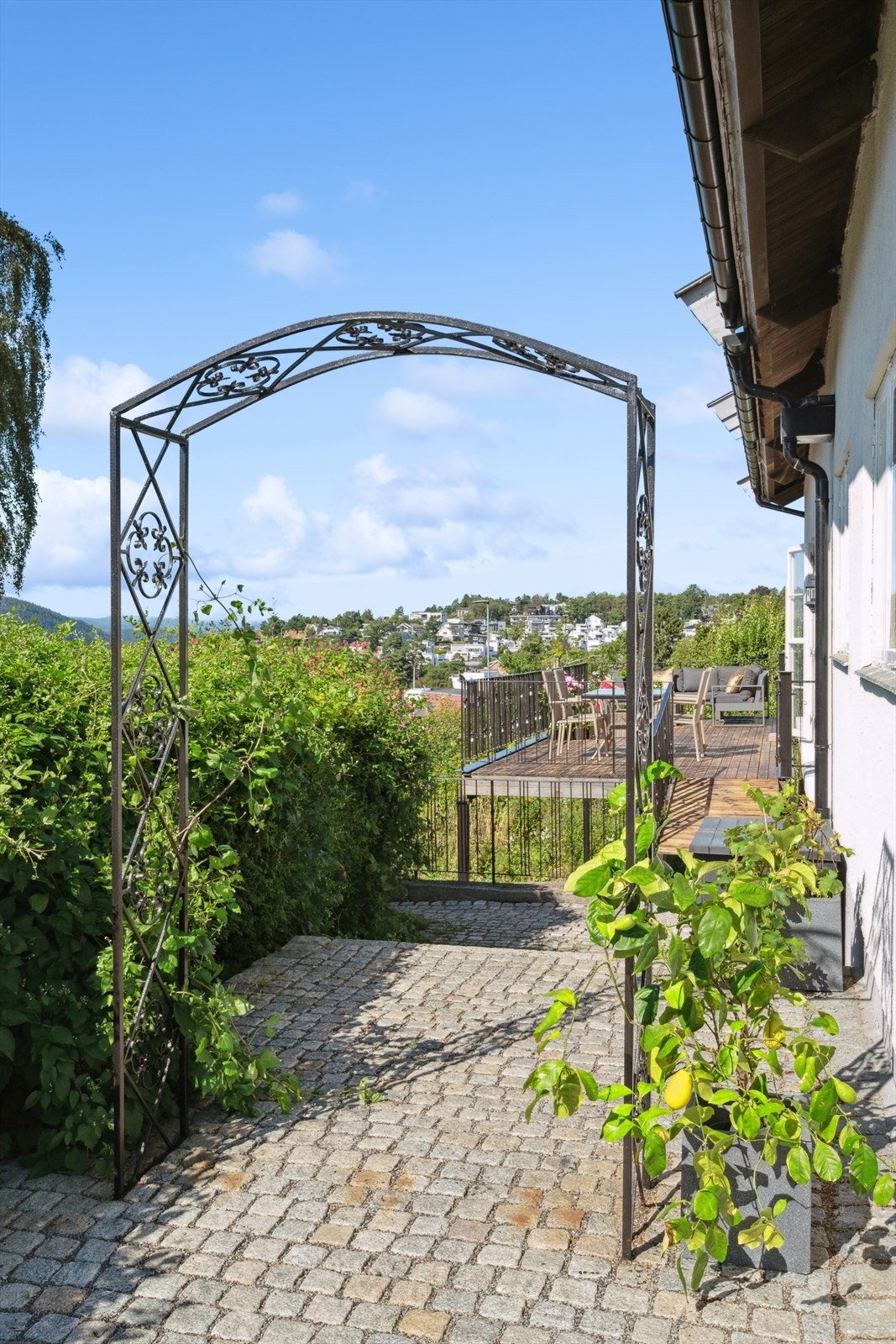 Sjarmerende hagebue i smijern som skiller terrassen og uteområdet. Galleribilde