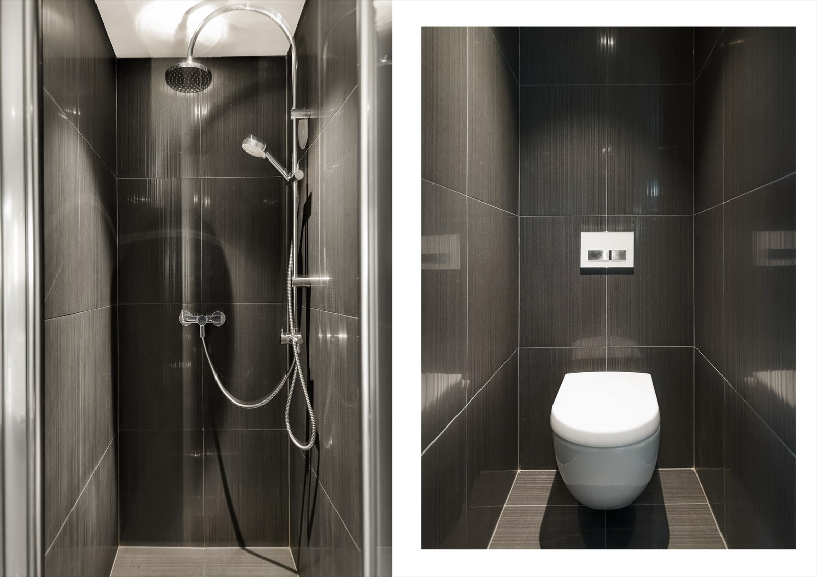 Dusj og toalett i private nisjer på badet. Galleribilde