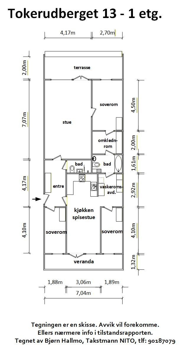 Arealeffektiv planløsningen på 108 m² med tre soverom, to bad og uteplass på begge sider. Galleribilde