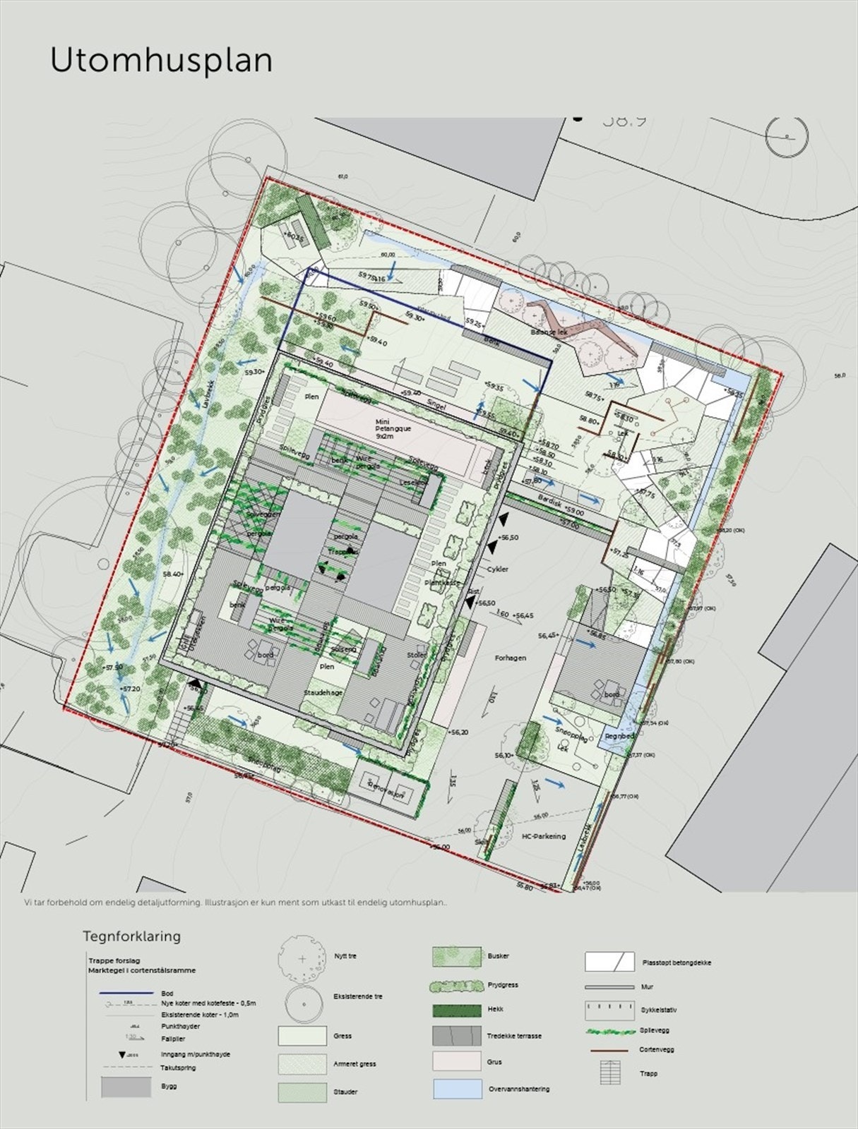 Utomhusplan | Uteområdet er designet slik at naboskapet kan utvikles til noe mer enn et kort nikk ved postkassene. Sittegrupper, bardisk, benker, et eget lekeområde. Her blir det fint å være sammen for mennesker i alle aldre. Avvik kan forekomme. Galleribilde
