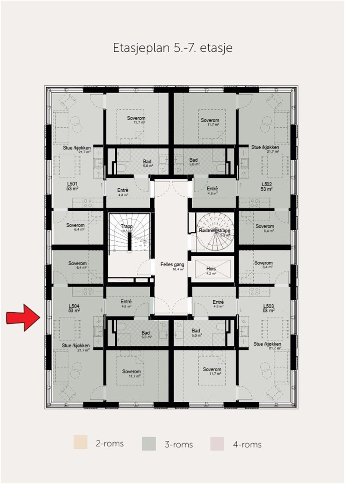 Etasjeplan med markering av leilighetens beliggenhet. Galleribilde