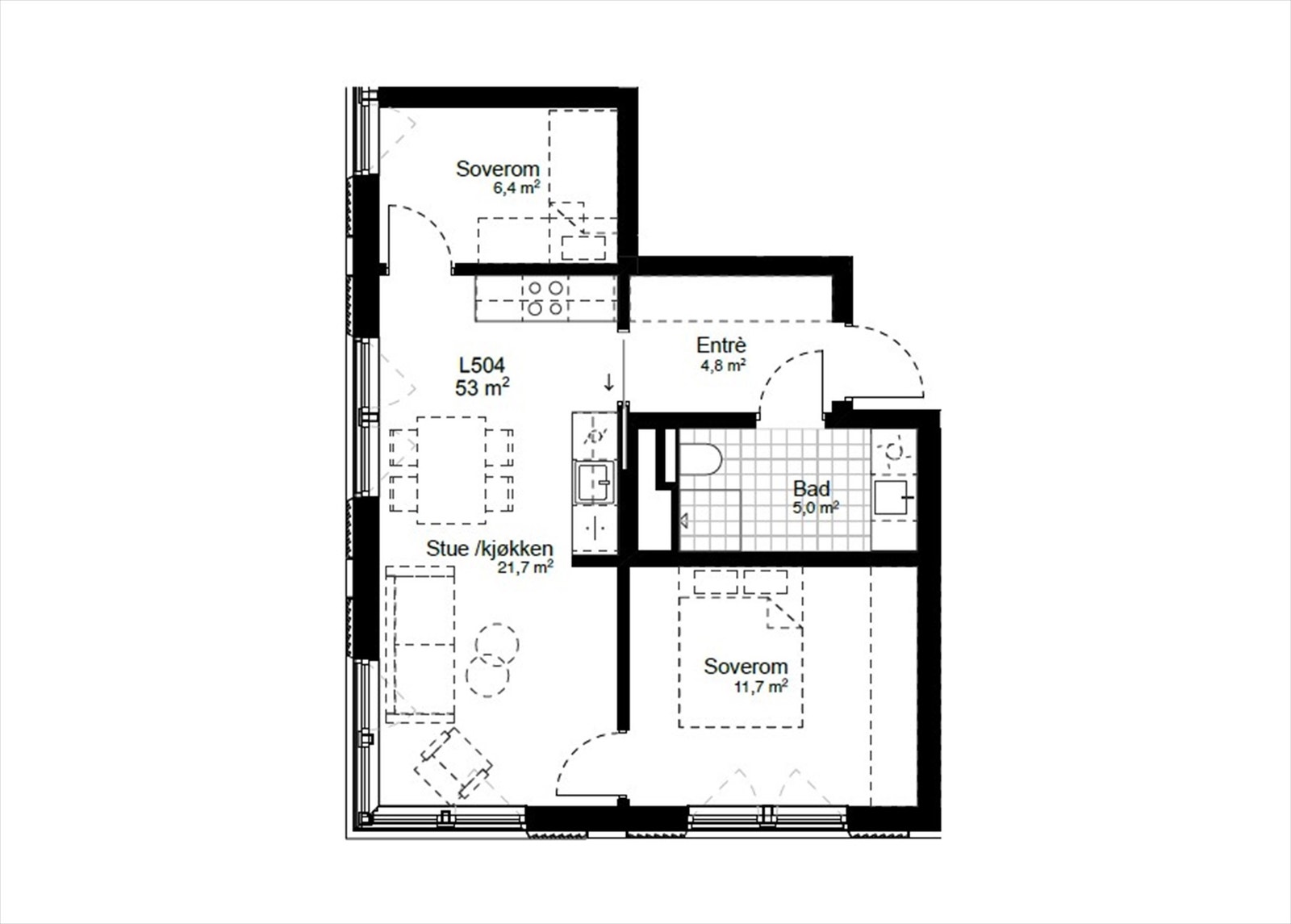 Plantegning med eksempelvis møblering. Det medfølger kjellerbod på ca. 5 m². Galleribilde