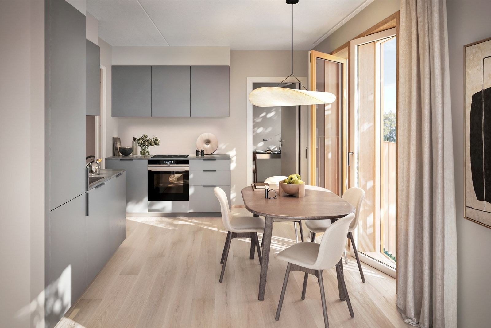 Generell illustrasjon | Det leveres et stilrent kjøkken fra HTH med integrerte hvitevarer fra Siemens. Det fortsatt mulig å velge en av de andre interiørkonseptene (frist april 2026). Avvik kan forekomme. Galleribilde