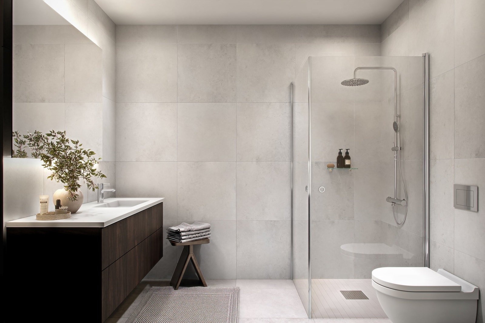 Generell illustrasjon | Denne leiligheten får et innbydende bad etter konseptet "Lys balanse". Det er også gjort oppgraderinger som speilskap og baderomskabin i utstyrspakke sort. Avvik kan forekomme. Galleribilde