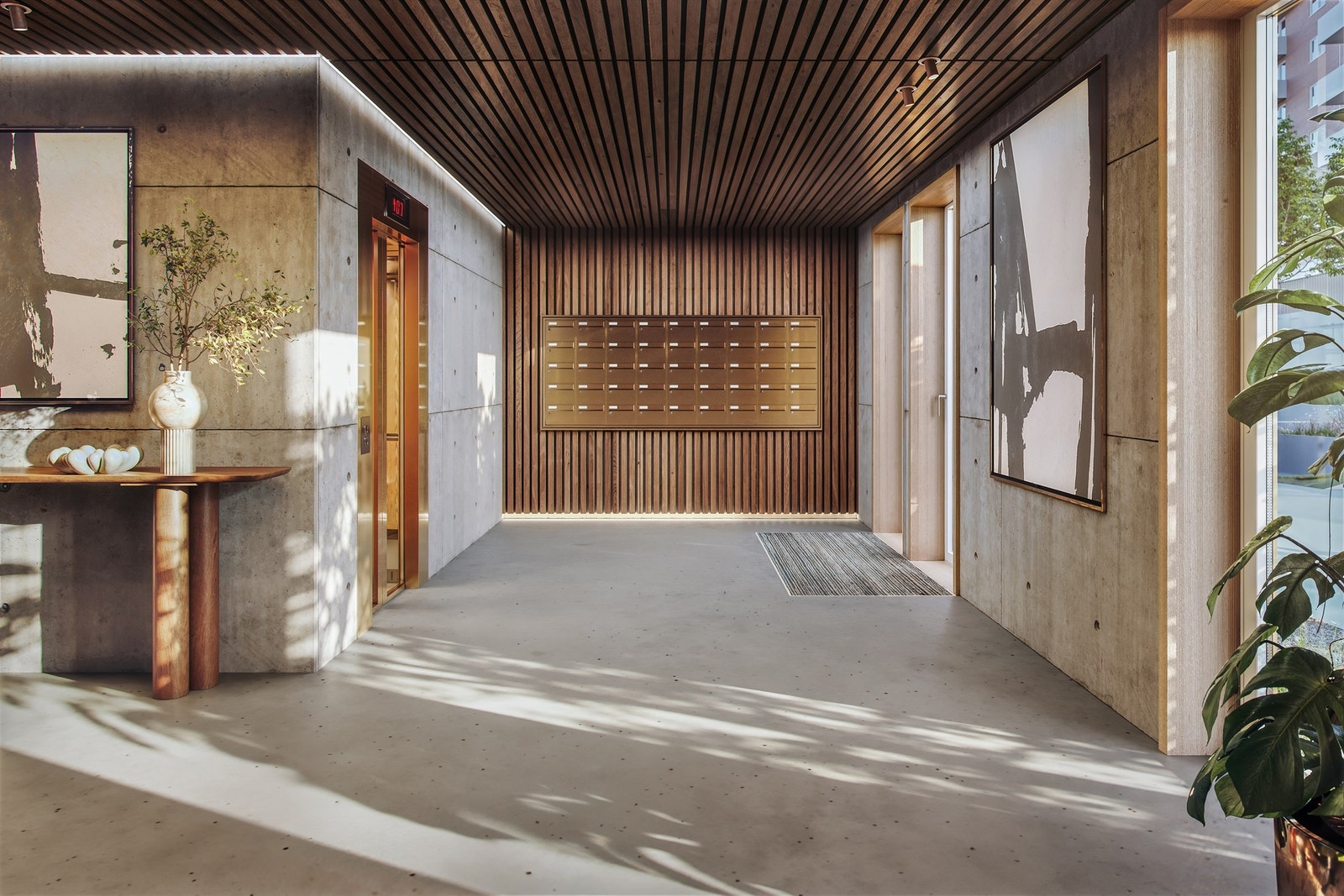 Illustrasjon | Innbydende inngangsparti med mørke eikespiler og slipt betonggulv. Avvik kan forekomme. Galleribilde