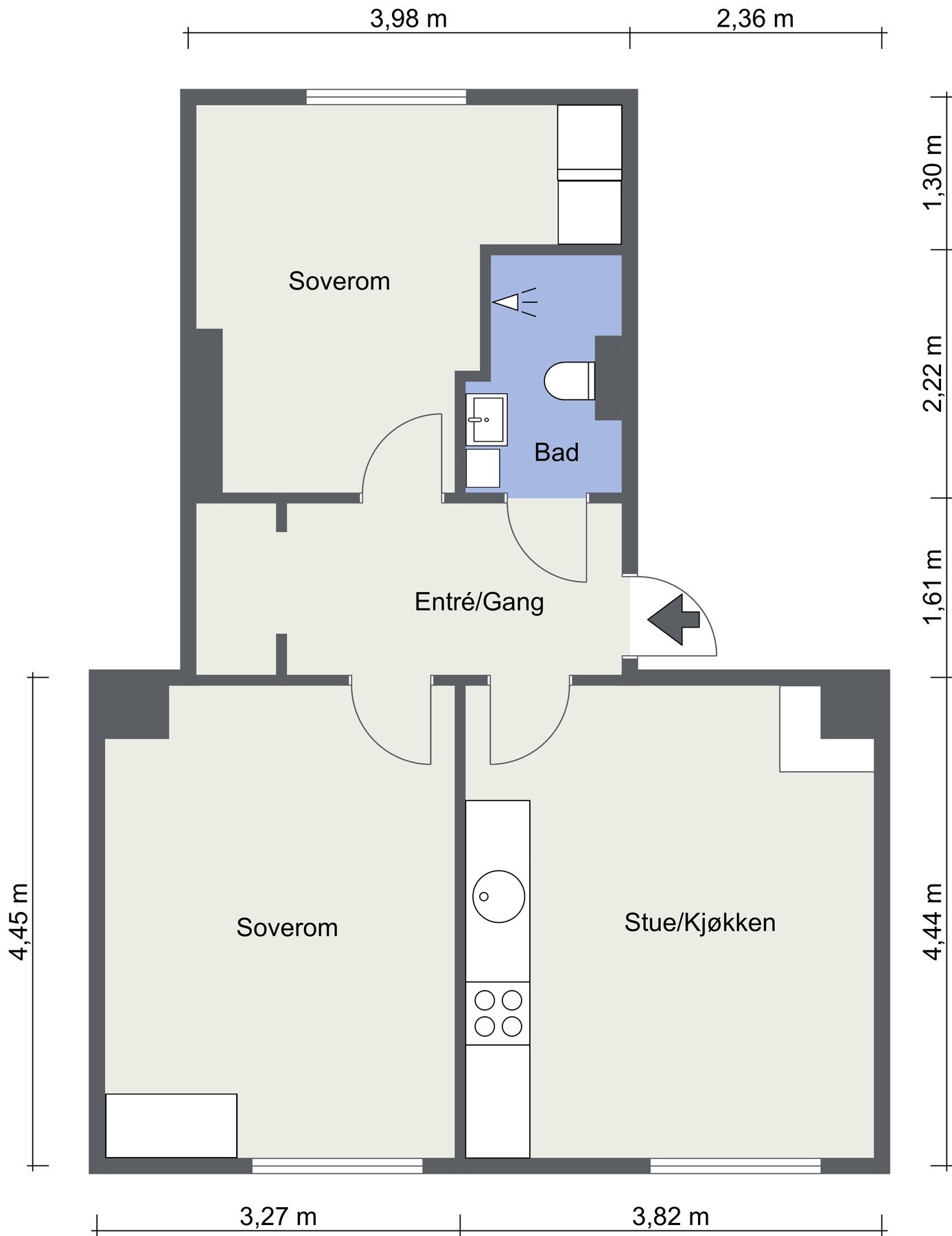 Alternativ planløsning. En slik løsning vil trolig kreve en pumpeløsning. Plantegningen er kun for inspirasjon, og det er den enkeltes ansvar å undersøke om, og eventuelt hvordan, løsningen kan gjennomføres. Galleribilde