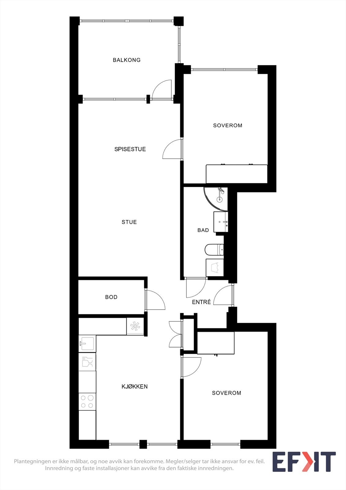 Planløsningen er arealeffektiv og praktisk, med to soverom, separat kjøkken og en romslig stue. Galleribilde