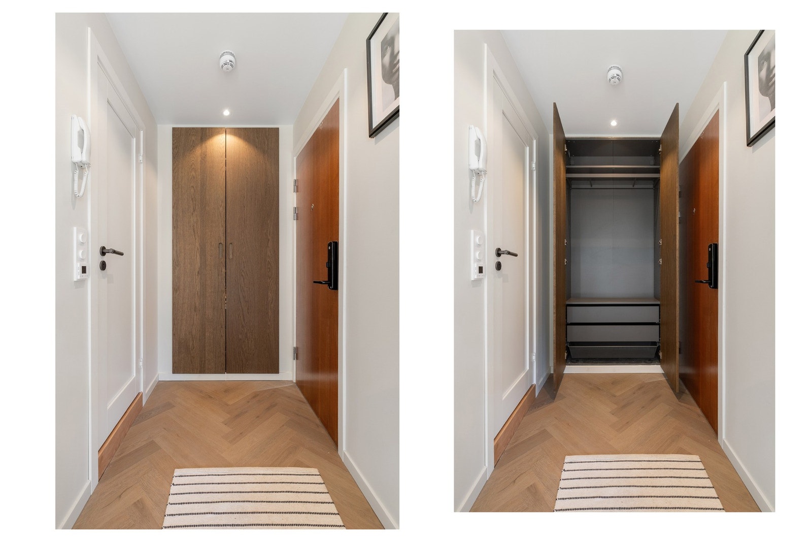 Flotte, innebygde garderobeskap i entré med fronter i mørk eikefinér. Galleribilde