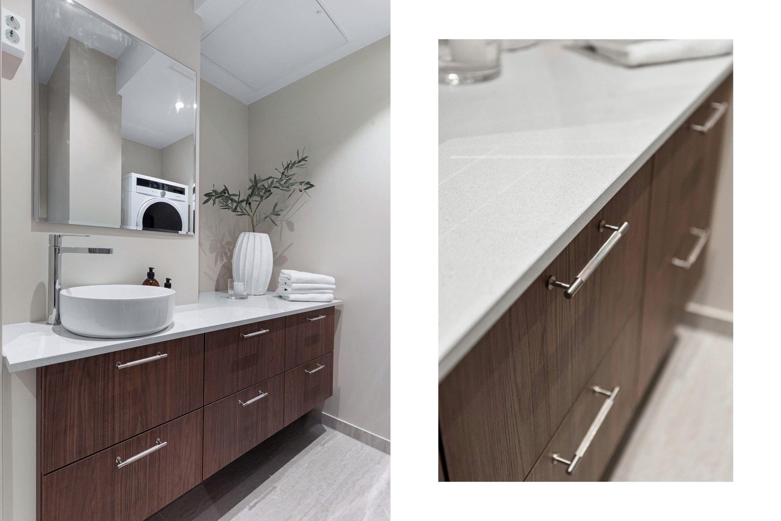 Grunnkonstruksjonene som sluk, varmekabler mv. er fra 2022. Alt øvrig som innredning, fliser, håndtak og armaturer er nytt i 2026. Galleribilde