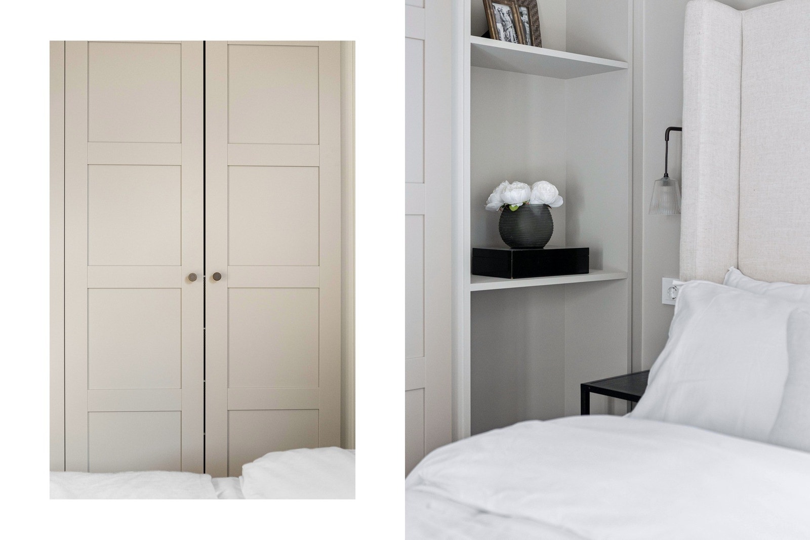 Innebygd veggbelysning på begge sider av sengen. Spesialtilpassede nisjer/hyller i samme farge som veggen. Galleribilde