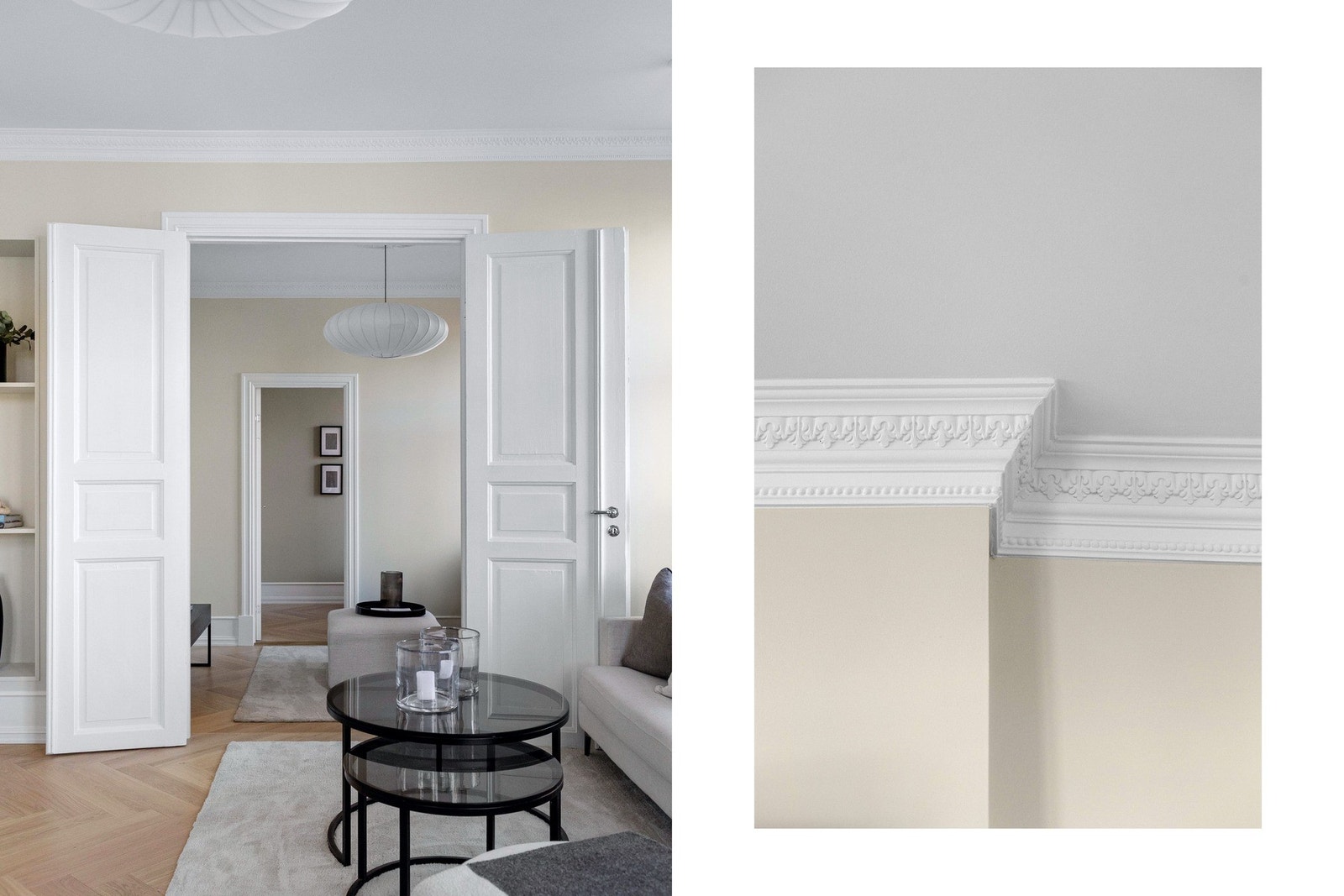 Stukkatur, rosett, doble dører og brede listverk som komplementerer det klassiske uttrykket i leiligheten. Galleribilde