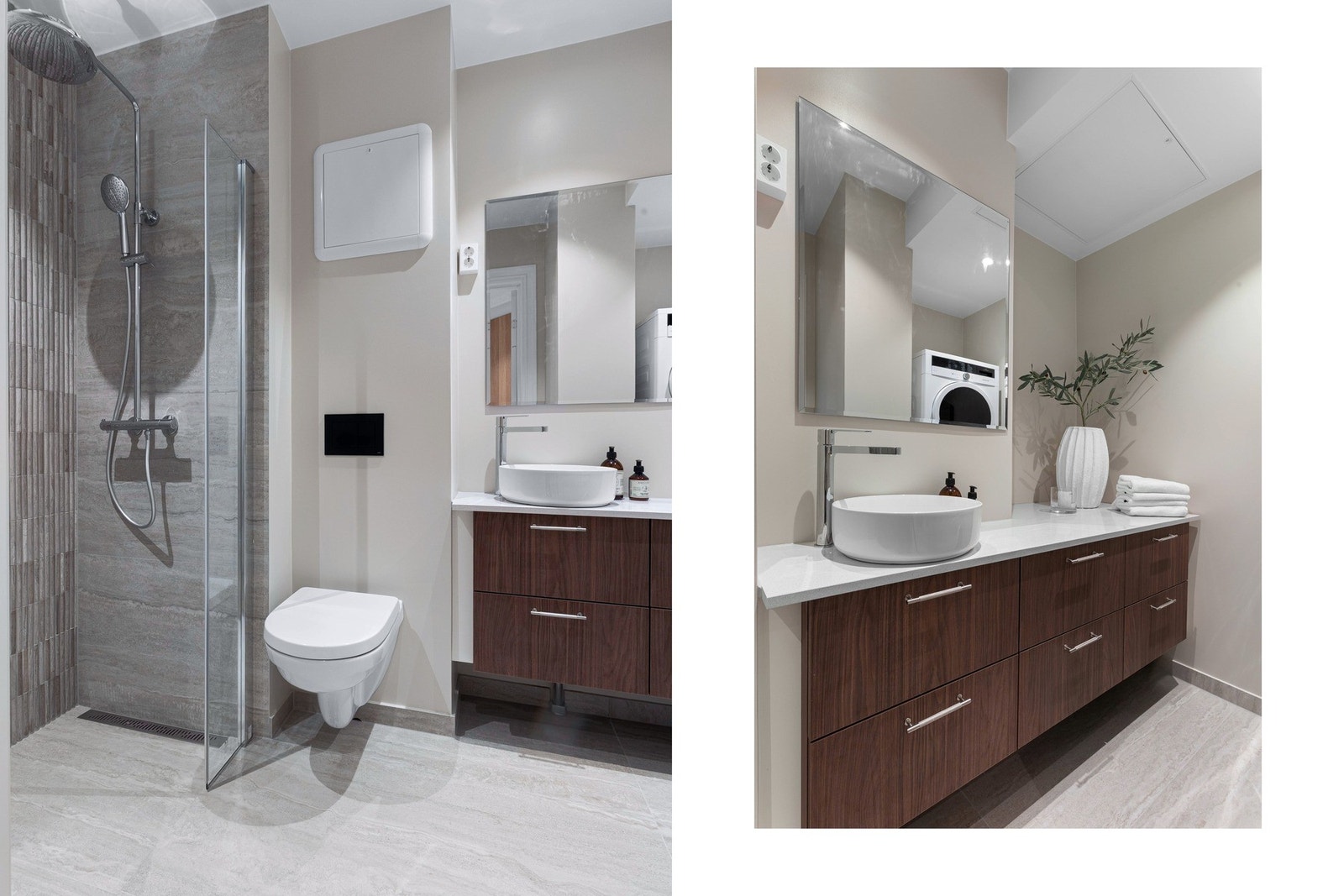 Rålekker innredning med fronter i eksklusiv, mørk eikefinér. Usedvanlig gode oppbevarnigsmuligheter. Spesialbestilt steinplate over innredning. Galleribilde