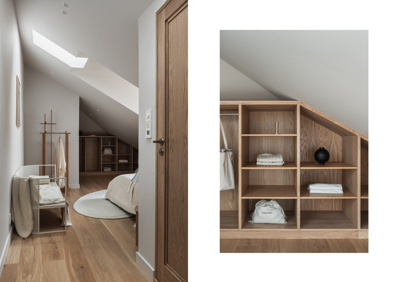 Skreddersydde garderobeløsninger i eikefiner er levert av møbelsnekker. Galleribilde