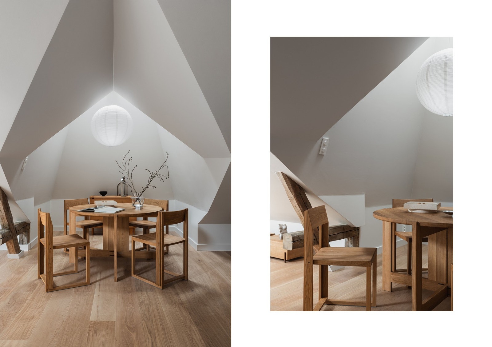 Under skråtaket er det en lun og definert sone for spisestuen. Galleribilde