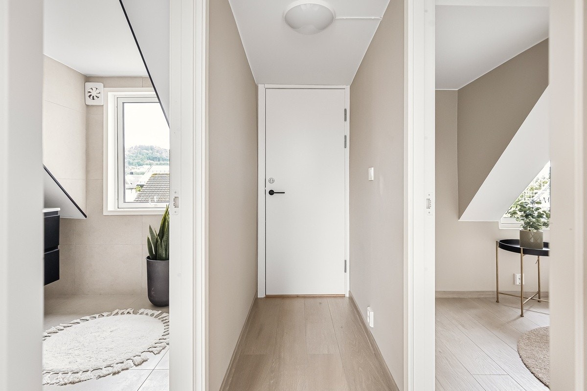 Alt ble renovert i 2022. Inngangspartiet. Det er en gang på 4 kvm bak denne døren til oppbevaring av klær etc. Galleribilde