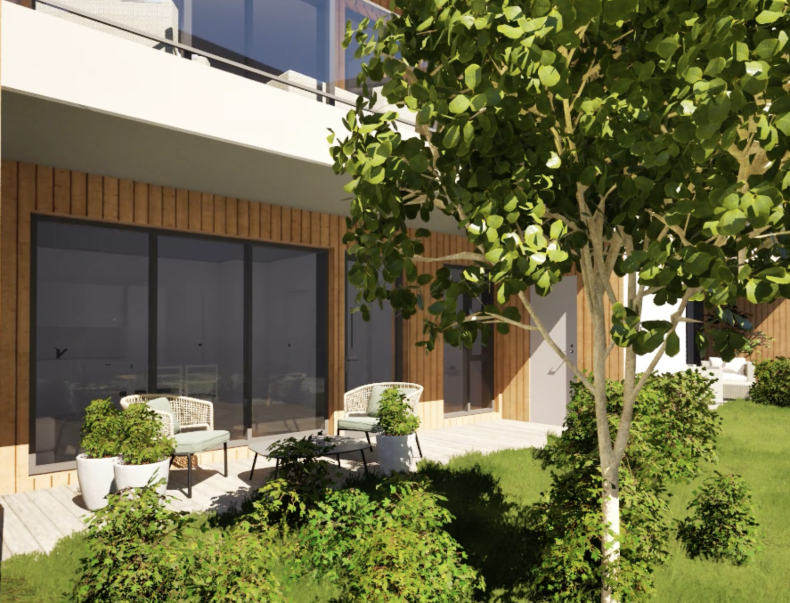 Markterrasse med fine solforhold. Bildet er hentet fra interaktiv-modell. Det gjøres oppmerksom på at illustrasjonen kun er ment for å danne et inntrykk og vil avvike fra endelig leveranse. Galleribilde