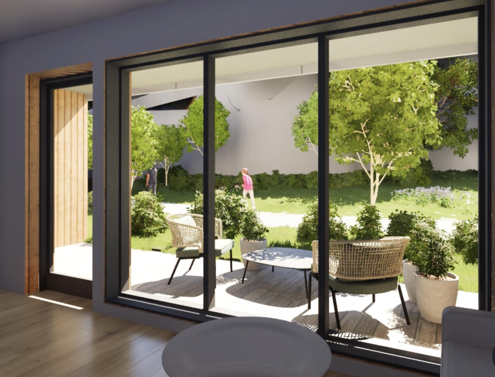 Markterrasse med fine solforhold. Bildet er hentet fra interaktiv-modell. Det gjøres oppmerksom på at illustrasjonen kun er ment for å danne et inntrykk og vil avvike fra endelig leveranse. Galleribilde