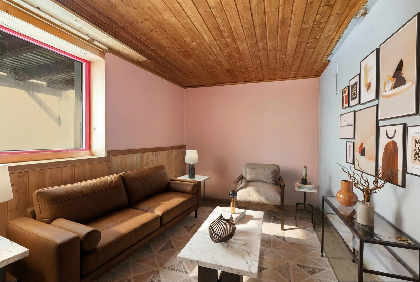 Innredet kjellerstue (digitalt møblert). Galleribilde