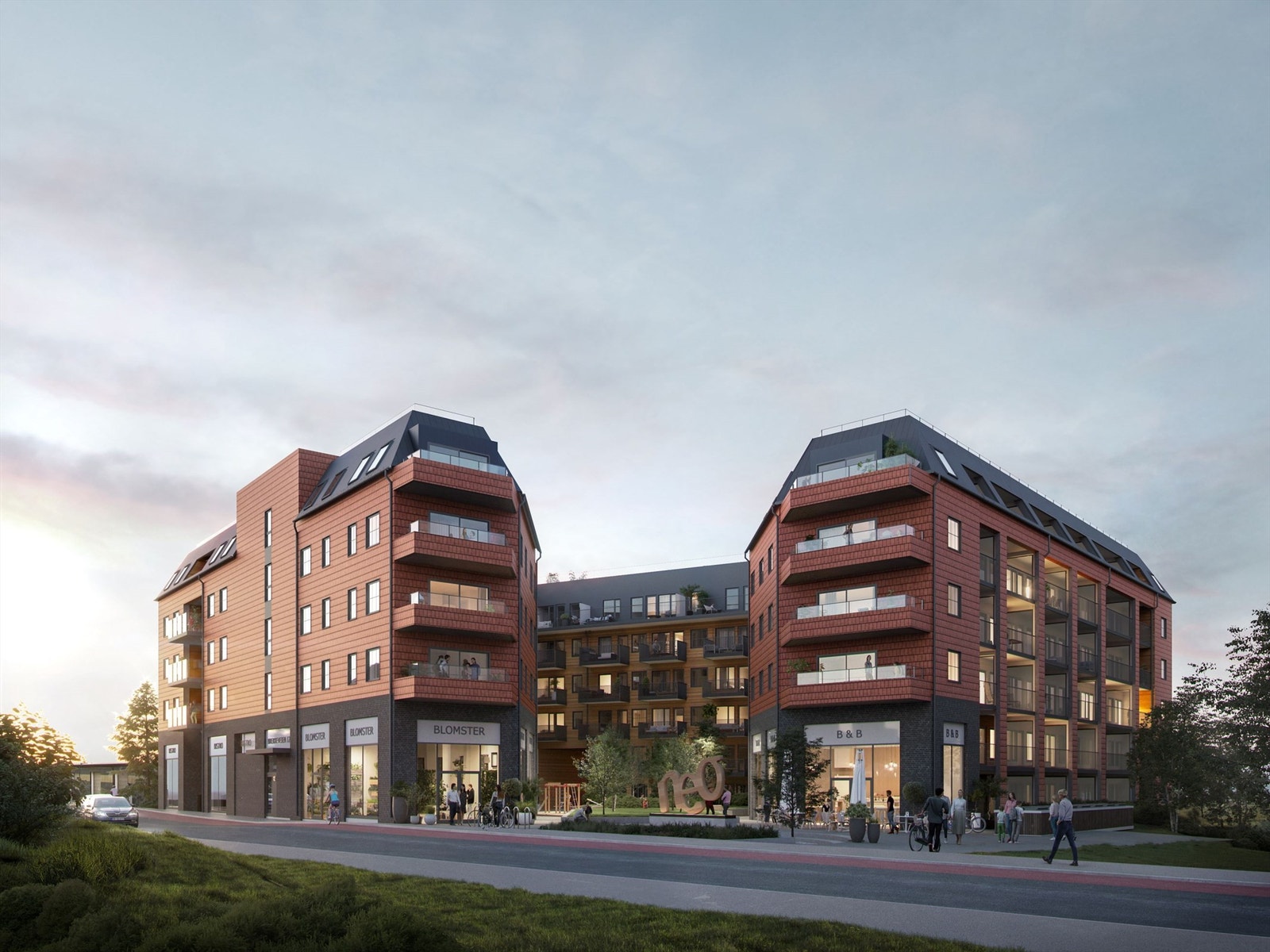 Illustrasjon | Prosjektet Neo ligger sentralt til ved Ås stasjon. Byggene blir formet som en hestesko med en trivelig bakgård med gress, benker, planter, trær og lekeapparater. Avvik kan forekomme. Galleribilde