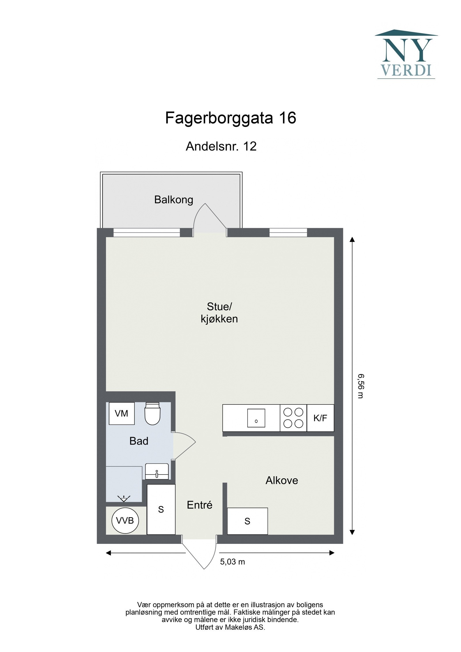 Plantegning. I tillegg disponerer leiligheten en bod på ca. 2m². Heis i bygget. Galleribilde