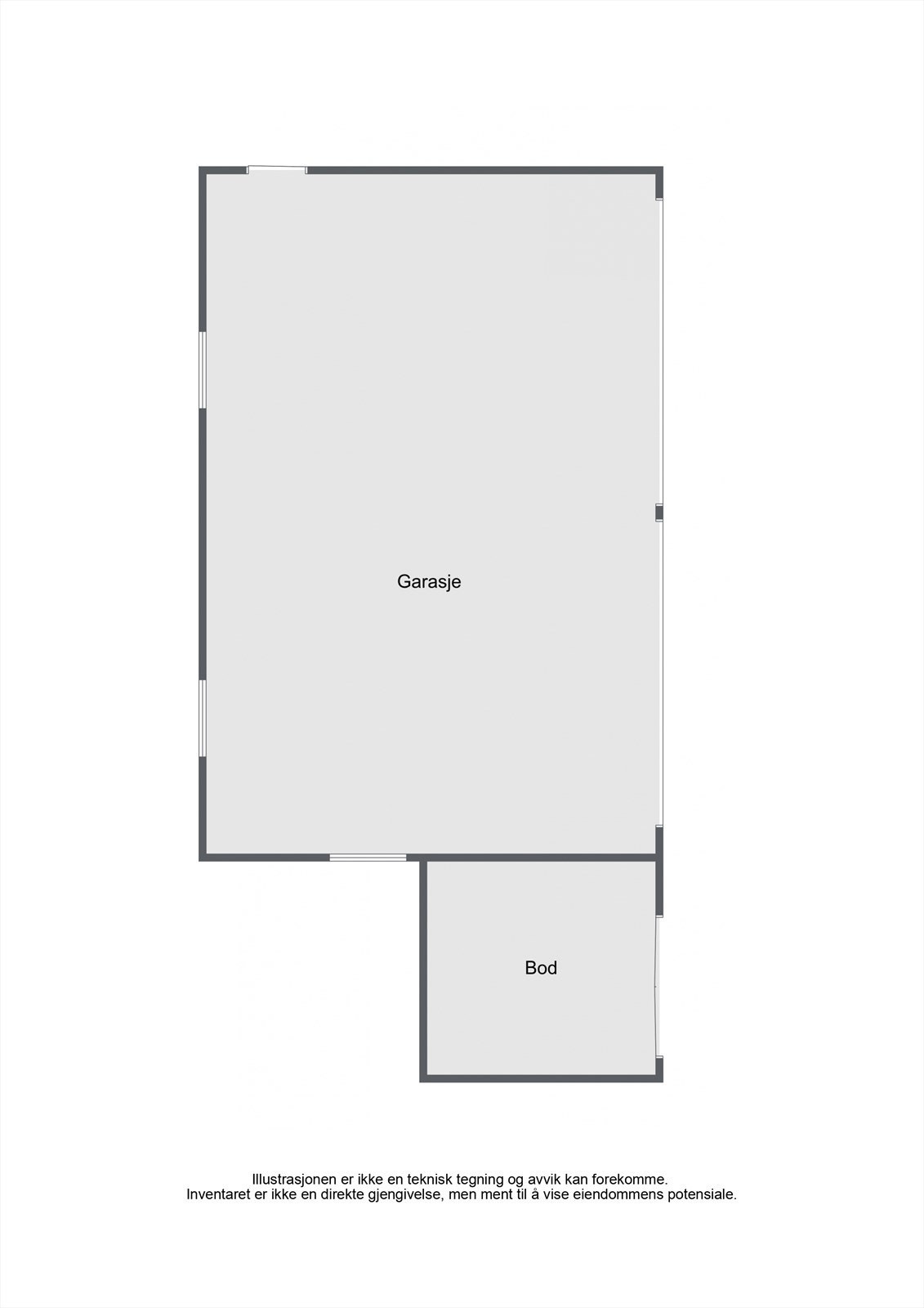 Illustrasjon av det ene garasjebygget på ca. 58 m², som inkluderer en praktisk, tilknyttet redskapsbod. Galleribilde