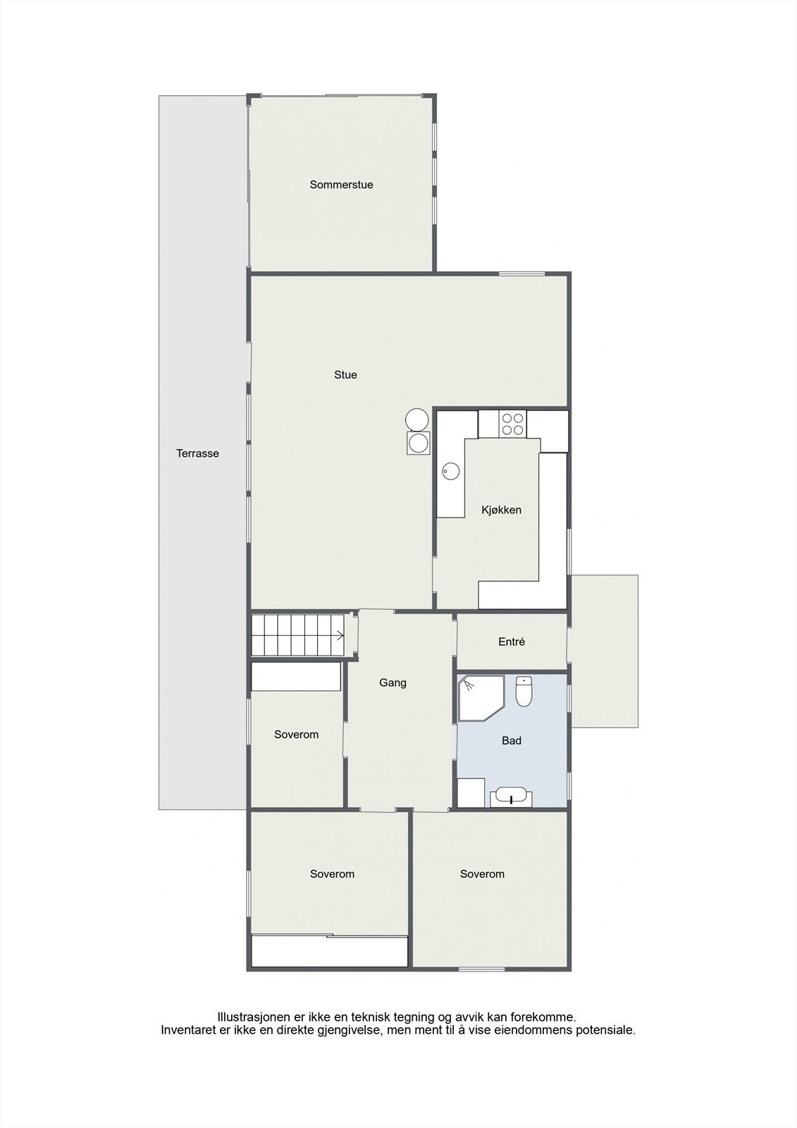 Hovedetasjen har en arealeffektiv planløsning med tre soverom, bad, kjøkken og stue samlet på ett plan. Galleribilde