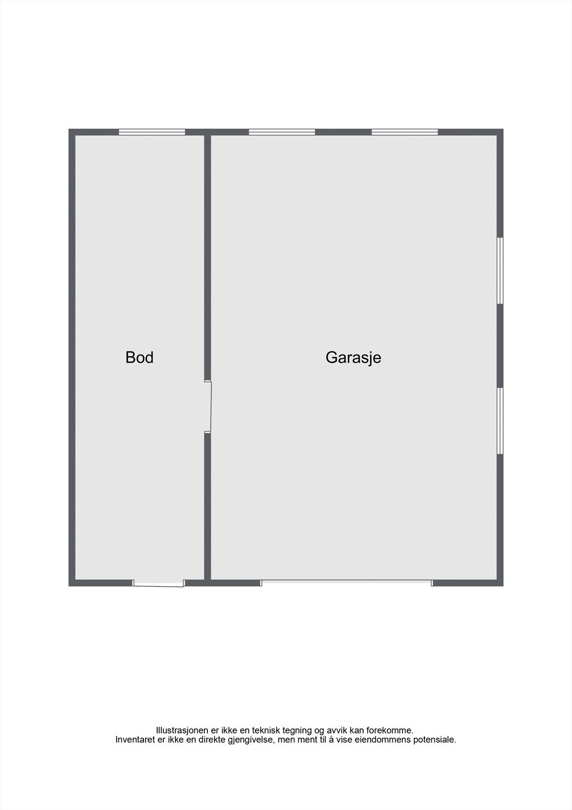 Illustrasjon av det andre garasjebygget på 40 m², med garasjerom og et separat innredet rom/verksted. Galleribilde