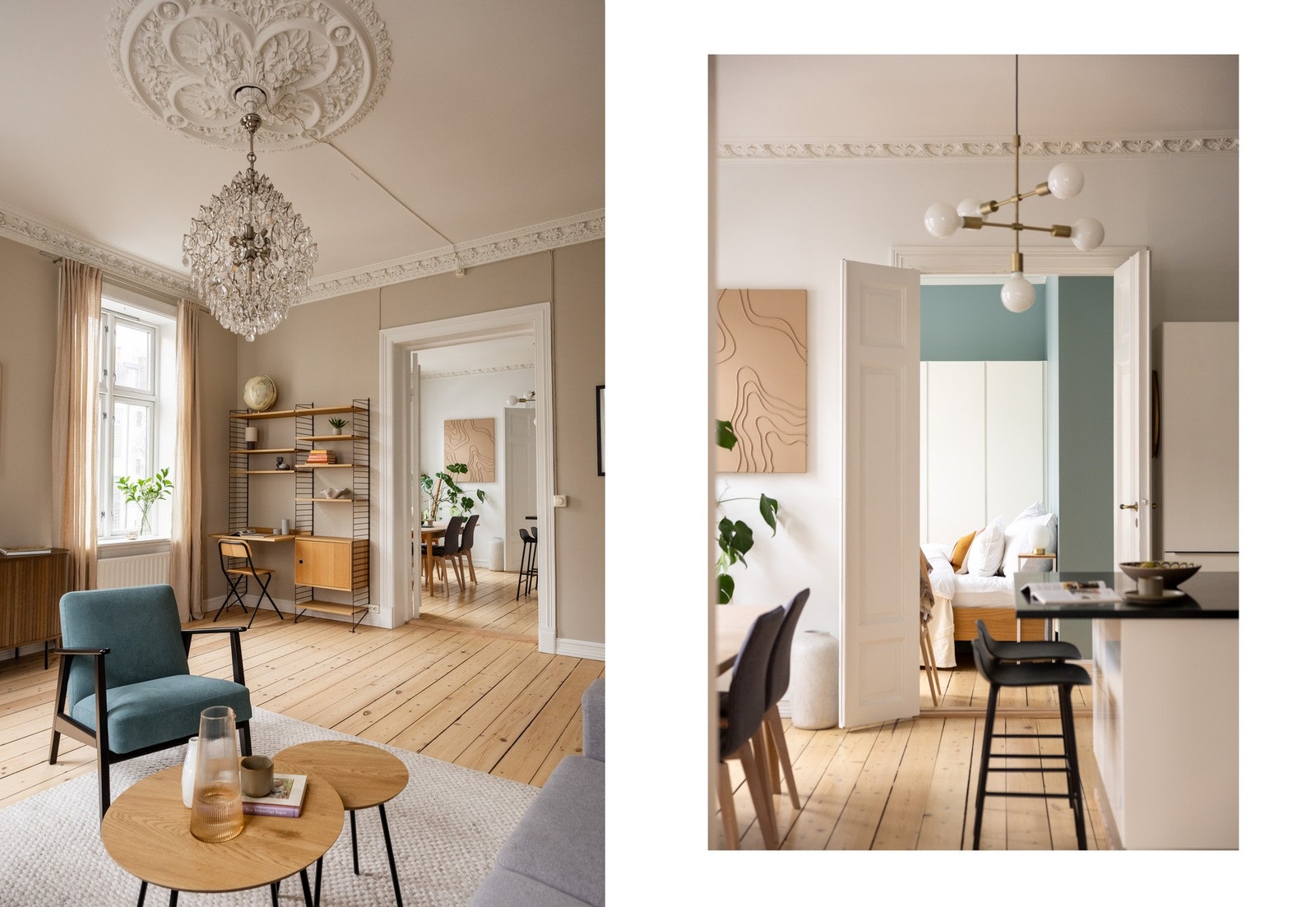 Originale tofløyede dører skiller stue, soverom og kjøkken, og tilfører sjarm. Galleribilde