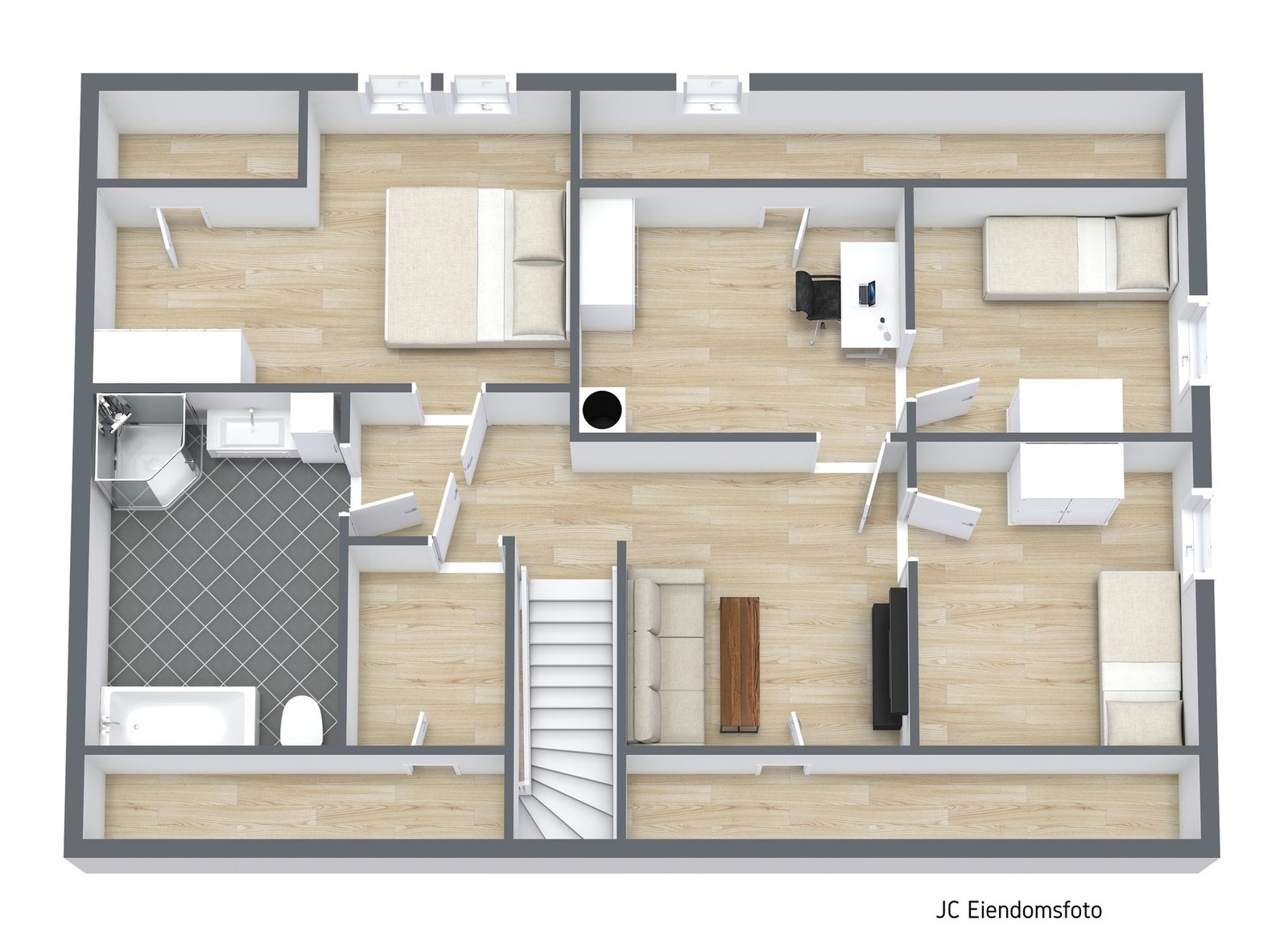 Planløsning loftsetasje - Her finner vi 4 soverom, bad, loftsstue og en liten bod. Galleribilde