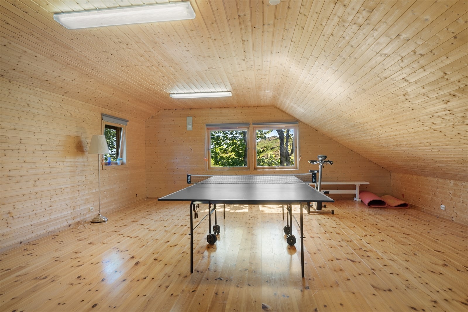 Stor innredet stue på garasjeloftet - både stuen på bakkeplan og stuen på loftet er isolert Galleribilde