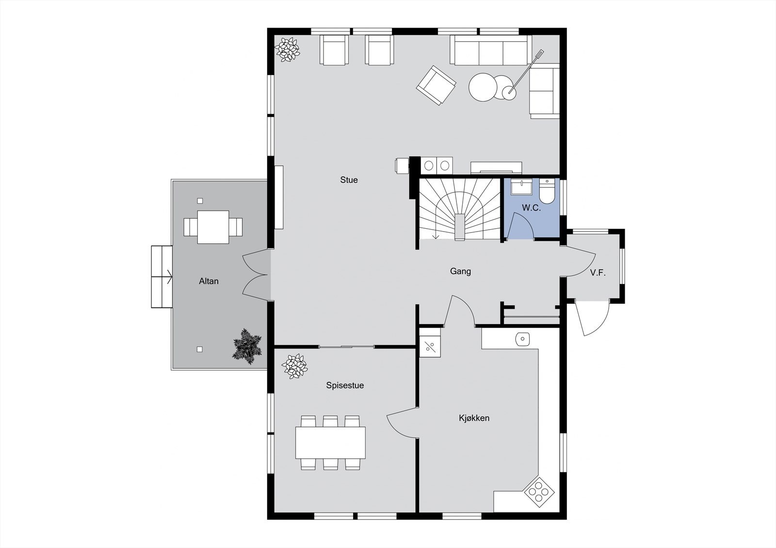 Planløsning 1. etasje enebolig (skissen er kun ment for å gi inntrykk av planløsningen - avvik kan forekomme) Galleribilde