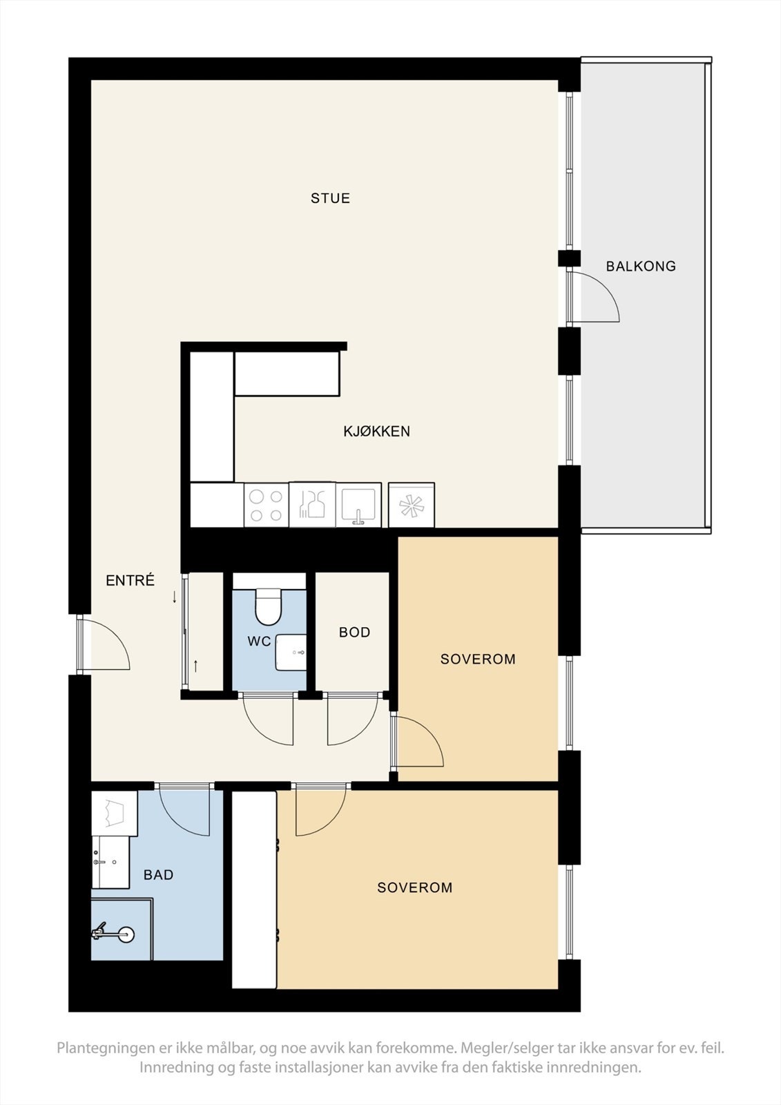Leiligheten har en arealeffektiv planløsning med to soverom, bad, separat toalettrom og en intern bod. Galleribilde