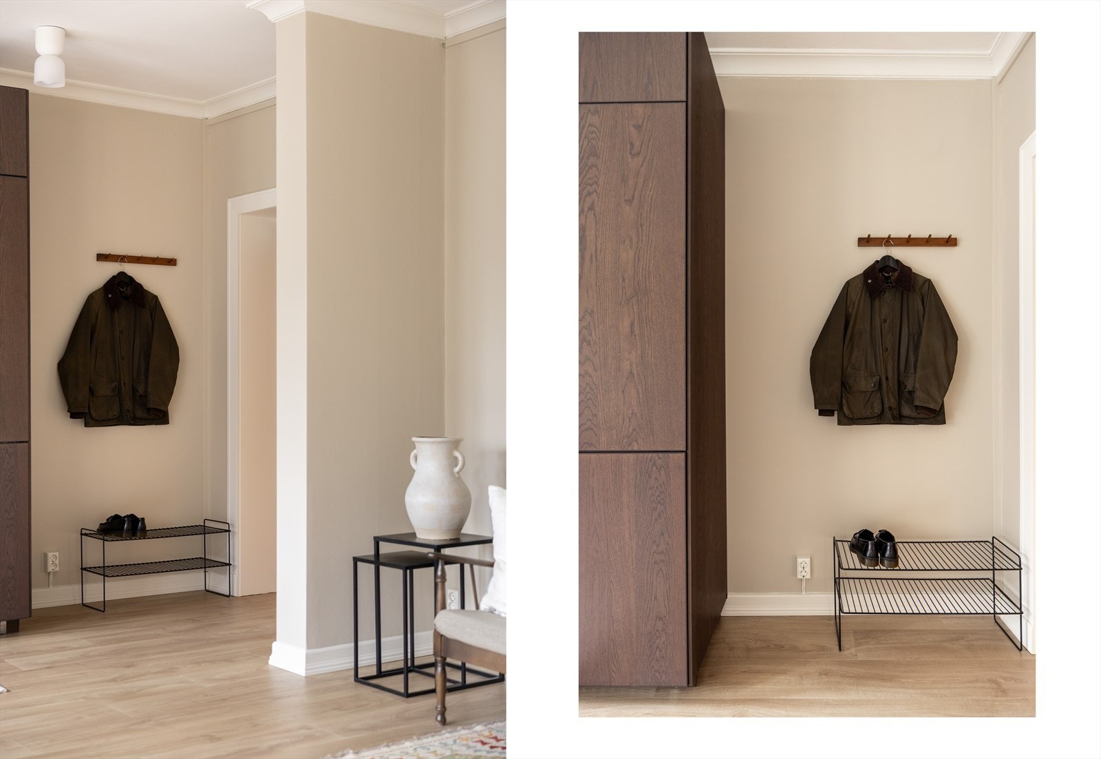 Ved inngangspartiet er det plass til å henge fra seg yttertøy og sette fra seg sko Galleribilde