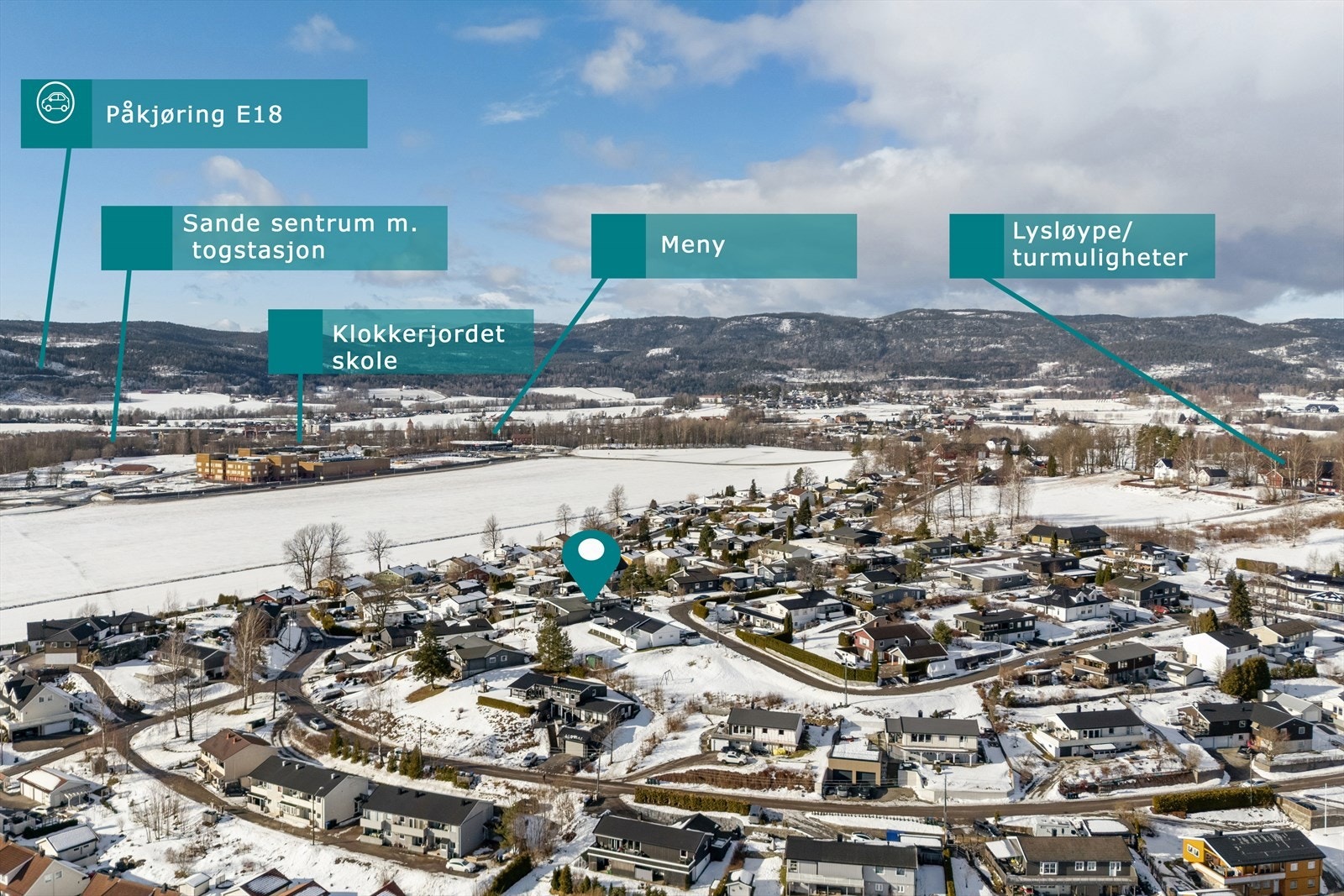Boligen har en ypperlig plassering med gangavstand til Sande sentrum som byr på flere sentrumsfasiliteter, skole og barnehage. Galleribilde